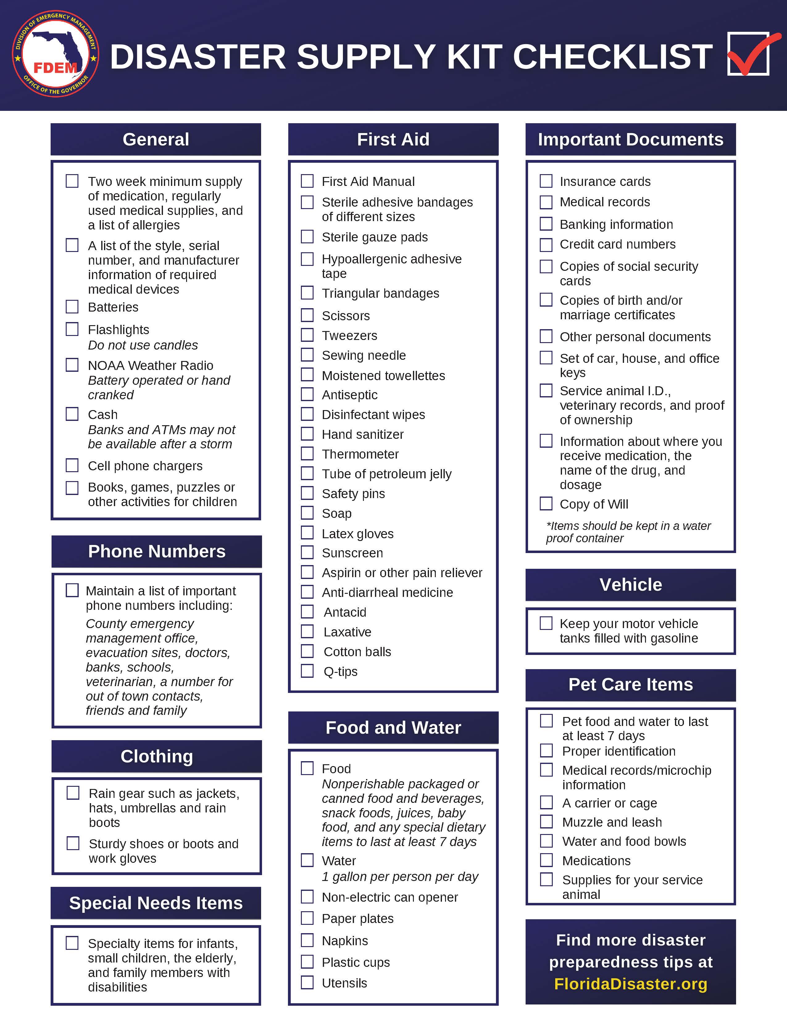 This is a disaster supply kit checklist from FloridaDisaster.org